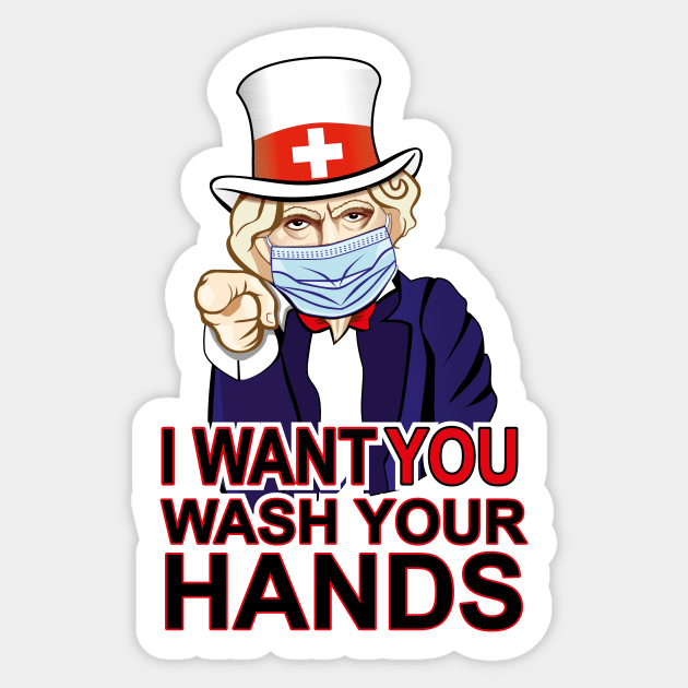 Uncle Sam of UNITED STATES AMERICA. Want you to wash your hands poster design. Coronavirus (COVID-19) protection. Sticker by Agras